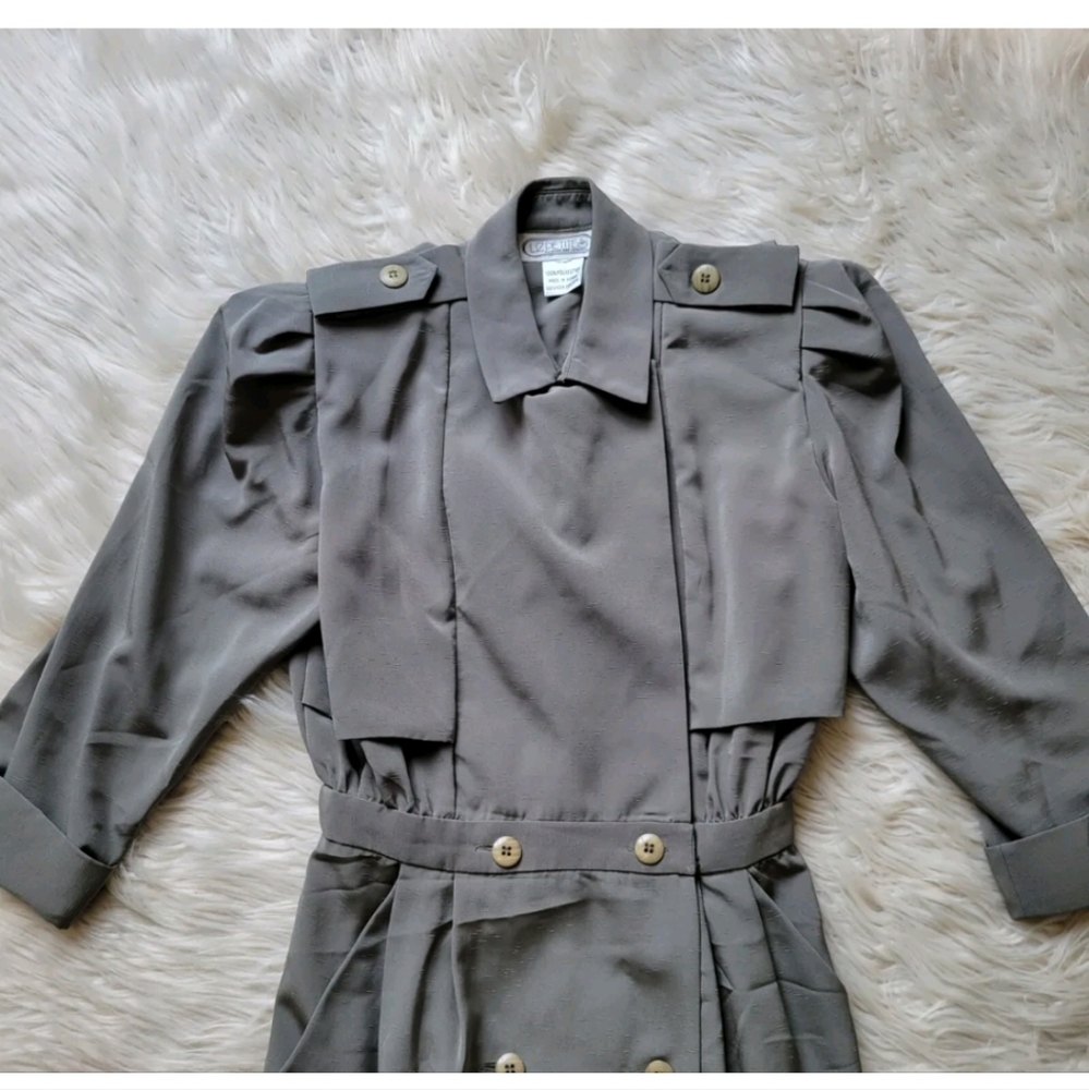Vtg 80s Dress Liz Petites Mary Ann Lamonte Shoulder Pads Trench Double Breasted